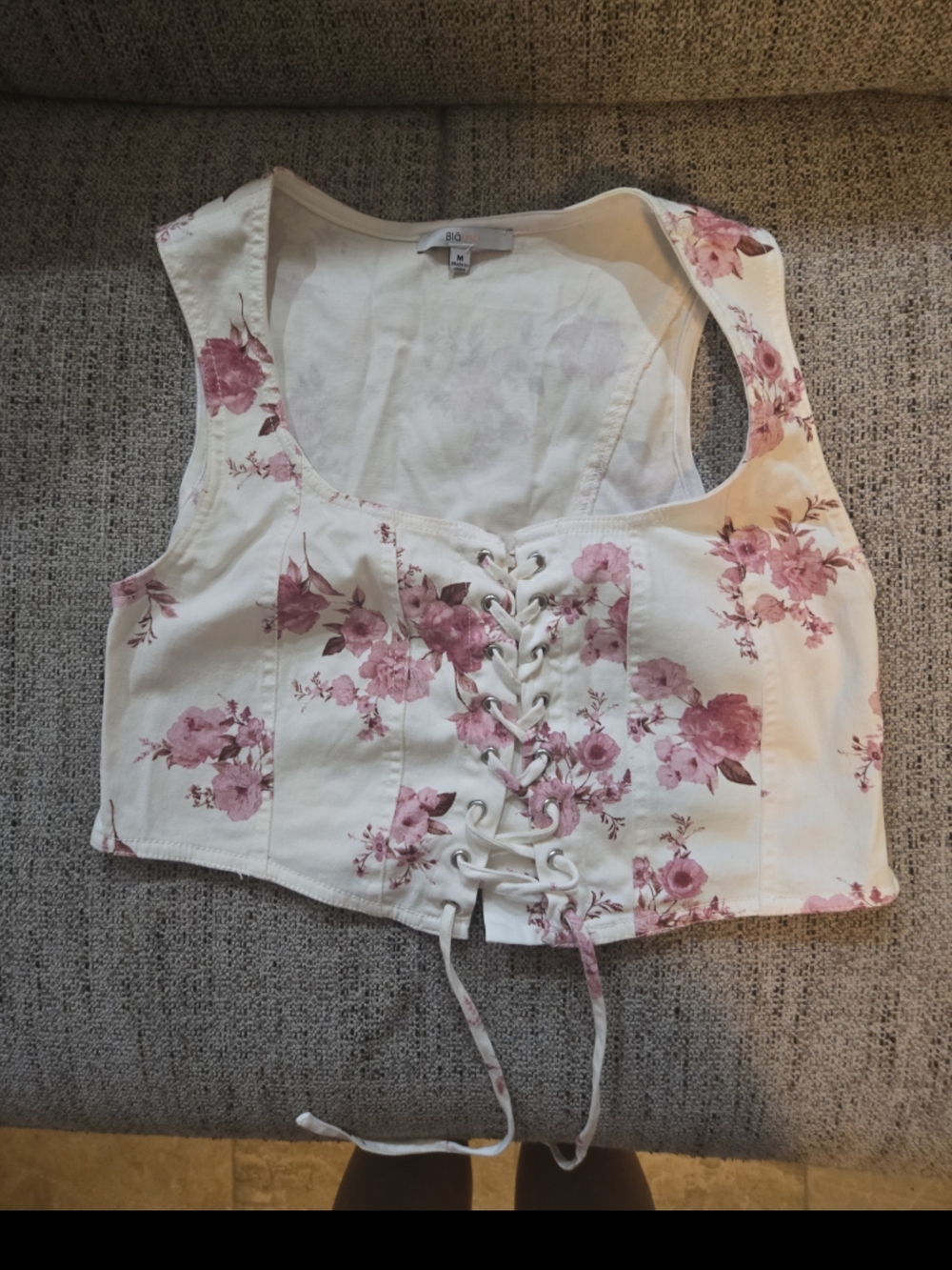 Floral Lace-Up Crop Tank Top - White with Pink Floral